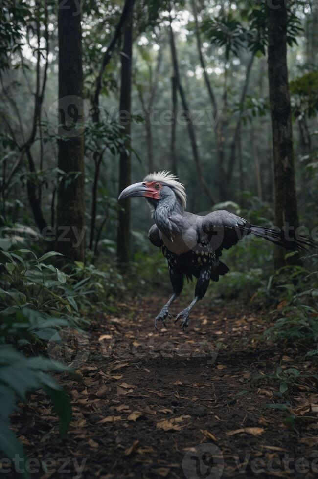 A surreal bird-like creature leaps through a dense forest path, blending nature and fantasy. photo