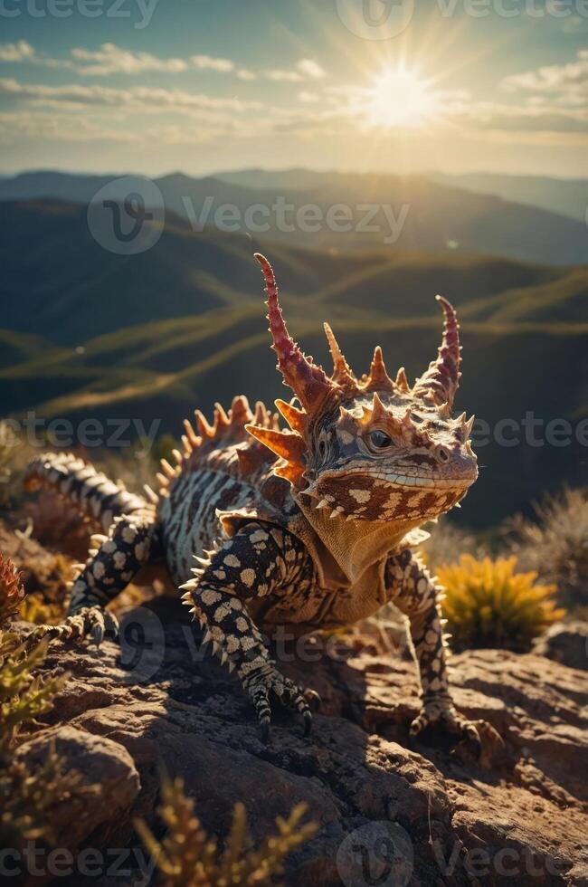 A horned lizard basking on a rock with mountains and a sunset in the background. photo