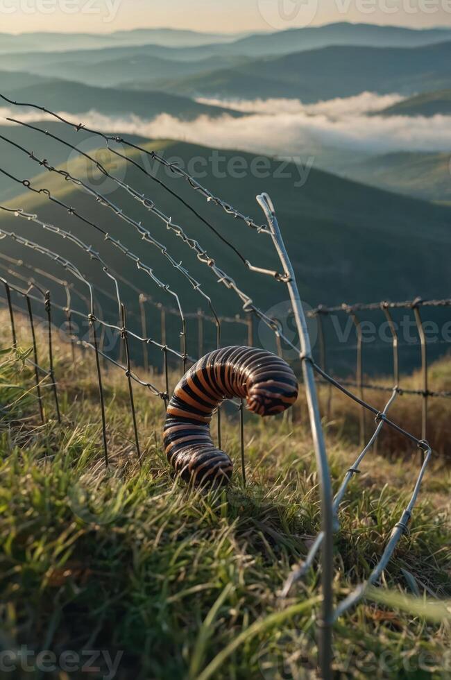 A caterpillar resting near a barbed wire fence with rolling hills and misty valleys in the background. photo