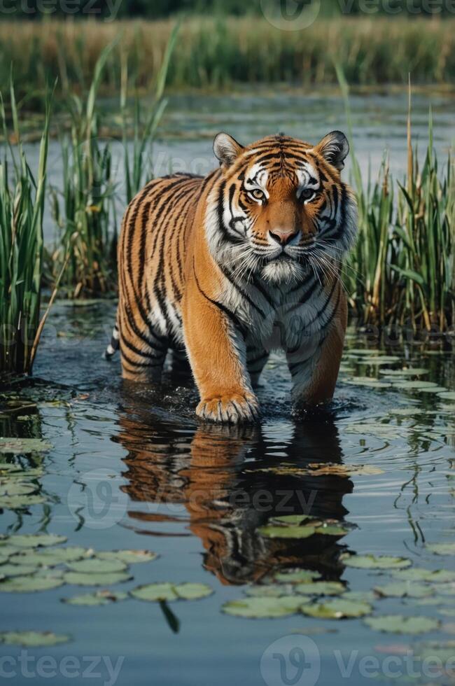 A majestic tiger wades through shallow water surrounded by lush greenery and lily pads. photo
