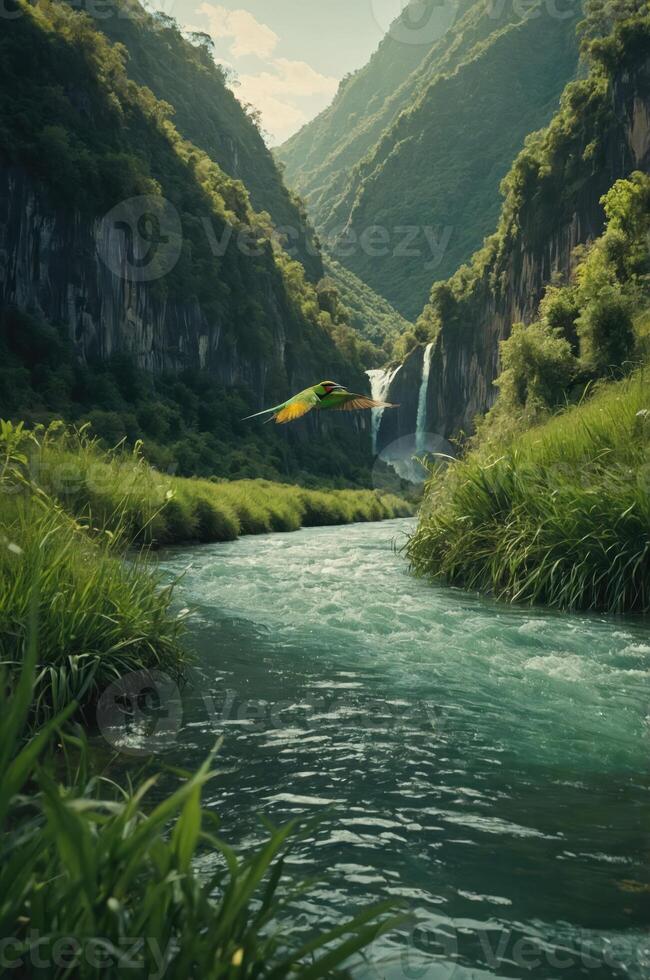 A serene landscape featuring a river, lush greenery, and a waterfall amidst mountains. photo