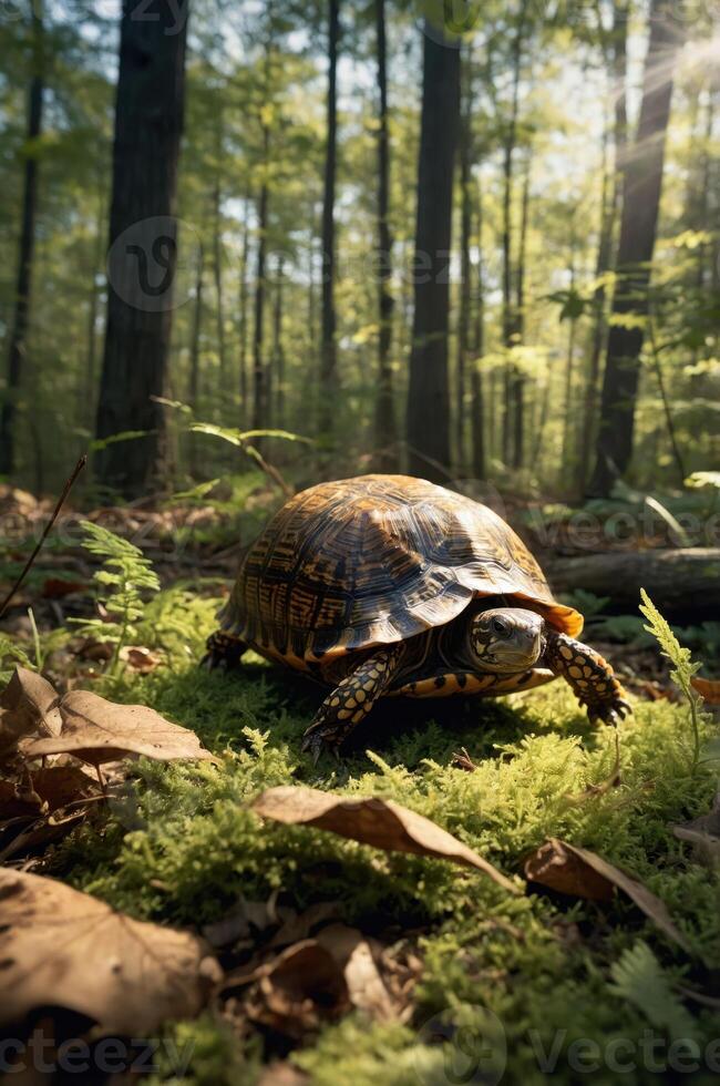 A turtle on moss in a sunlit forest, surrounded by trees and leaves. photo