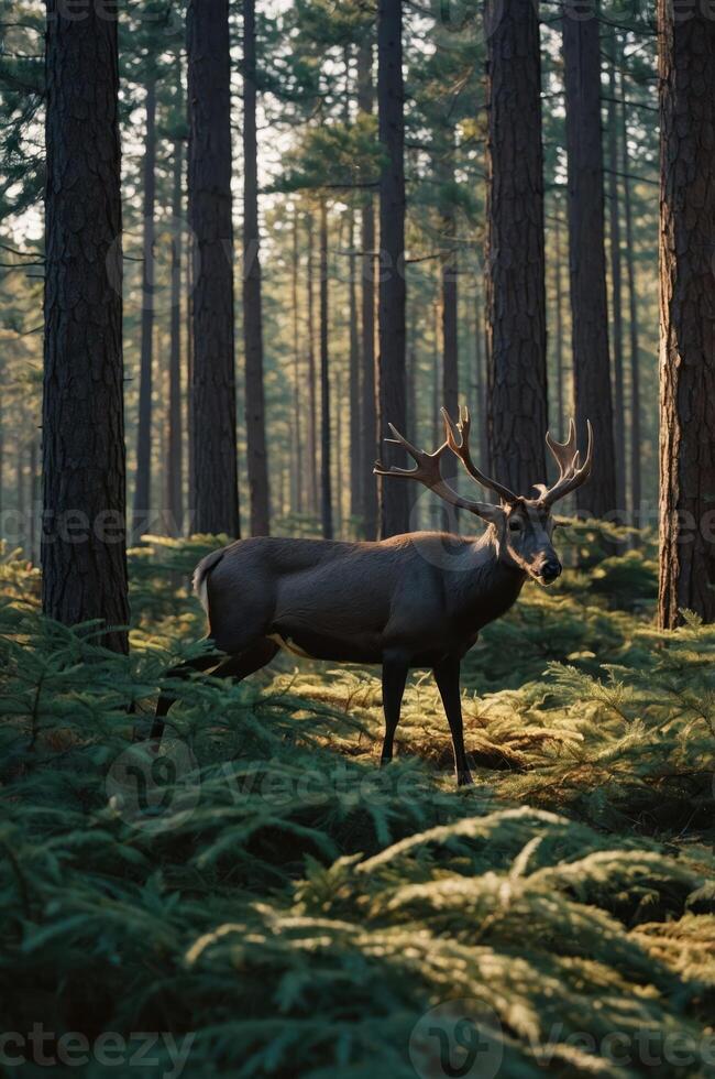 A serene forest scene featuring a deer amidst lush ferns and tall pine trees. photo