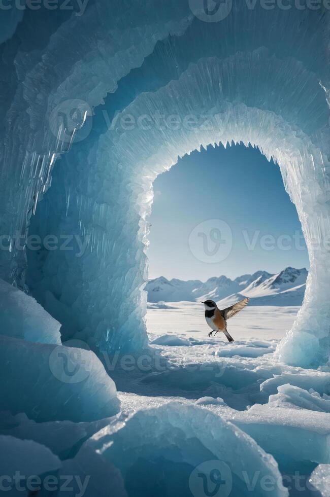 A bird exploring an icy archway in a stunning frozen landscape. photo