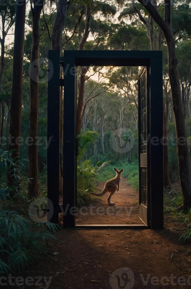 A kangaroo stands at the threshold of a door in a serene forest setting. photo