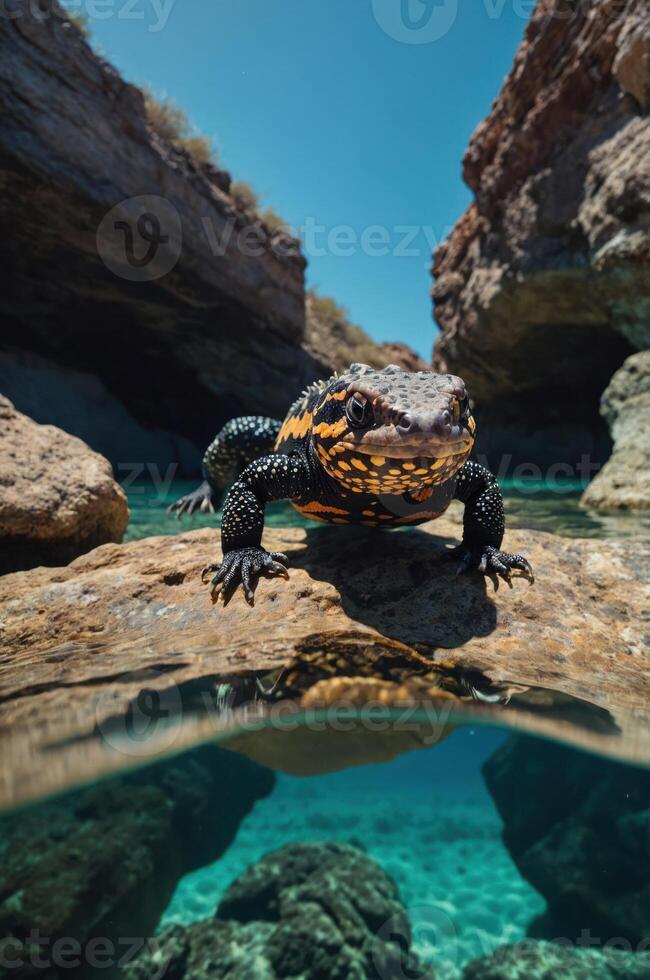 A vibrant amphibian perched on a log above crystal-clear water in a rocky landscape. photo