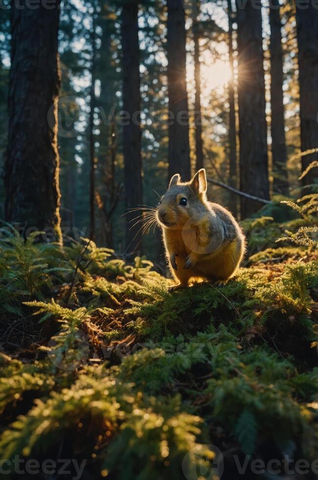 A squirrel in a sunlit forest, surrounded by greenery and trees. photo