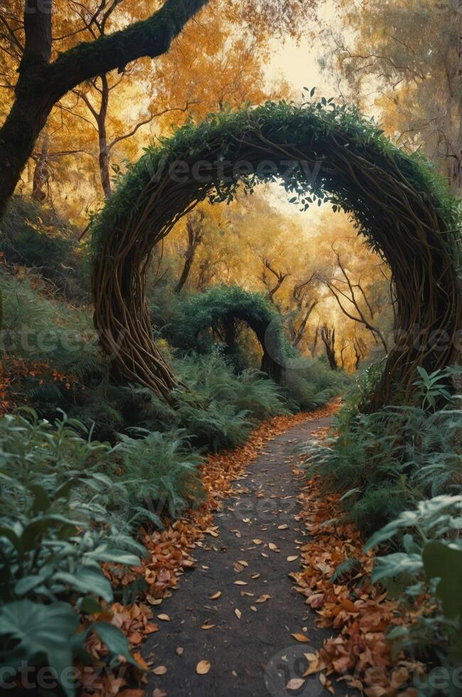 A serene forest pathway adorned with natural arches and autumn foliage. photo
