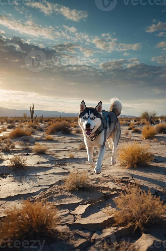 A husky dog walks through a desert landscape at sunset, surrounded by sparse vegetation. photo