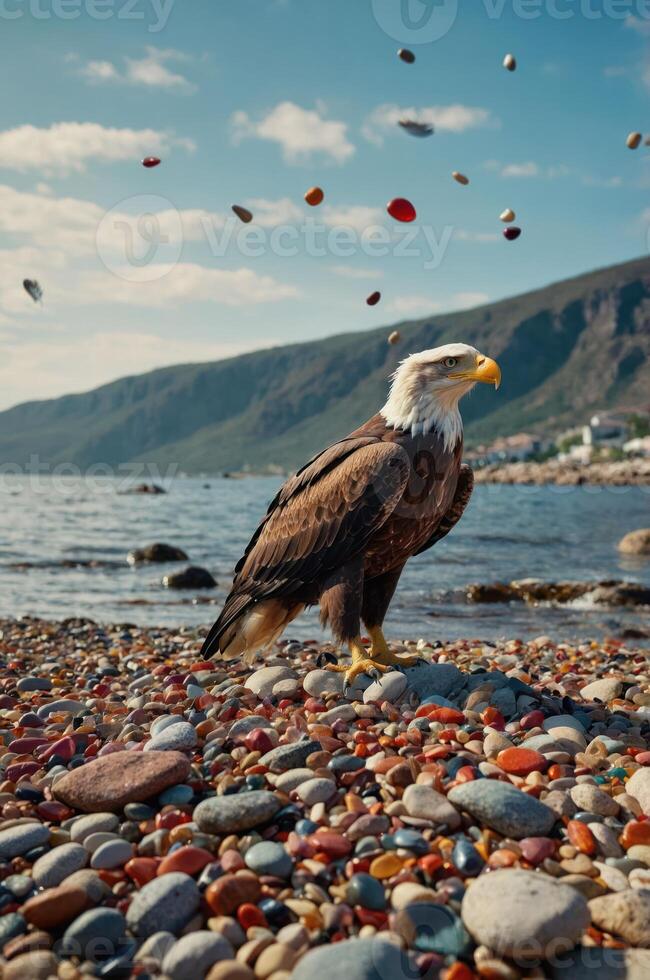 A majestic eagle stands on a colorful pebble beach by the water, with mountains in the background. photo