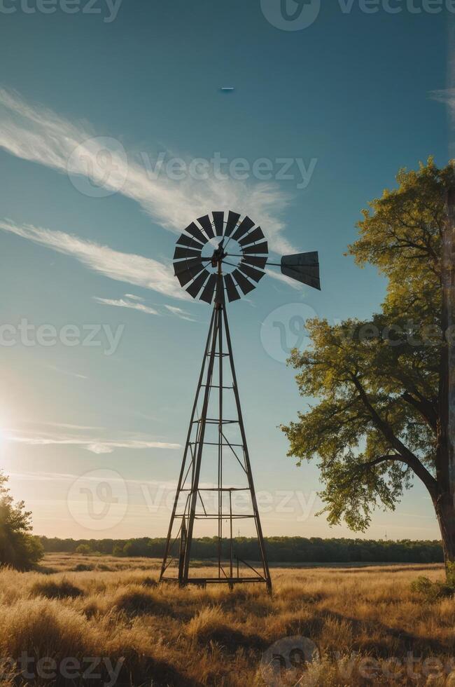 A vintage windmill stands in a grassy field under a clear sky, symbolizing rural life. photo
