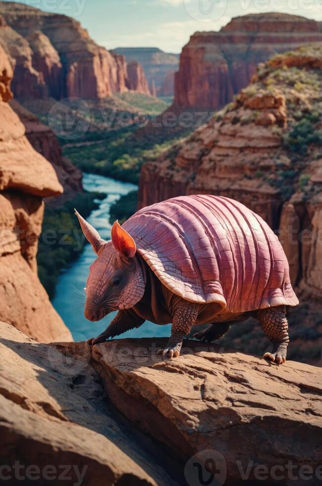 A whimsical scene featuring a colorful armadillo-like creature in a canyon landscape. photo