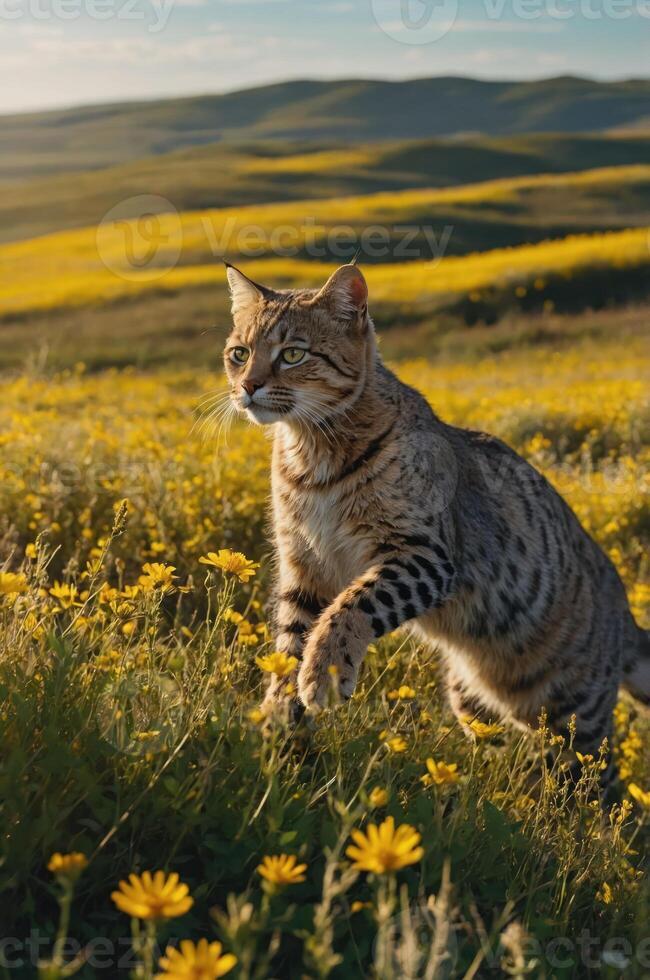 A wild cat walking through a vibrant field of yellow flowers under a sunny sky. photo
