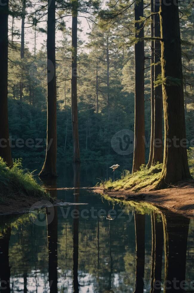 Serene forest scene with tall trees reflecting in calm water, creating a peaceful atmosphere. photo