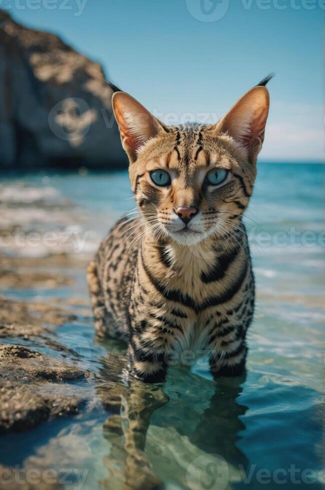 A Bengal cat standing in shallow water with a scenic background. photo