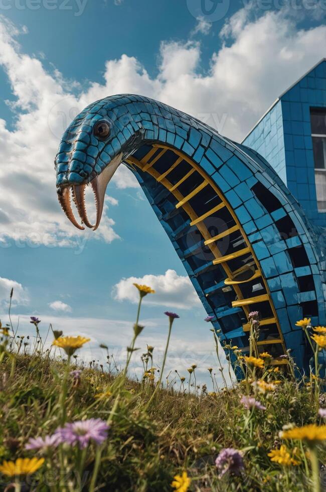 A large blue sculpture resembling a snake, set against a cloudy sky and surrounded by flowers. photo