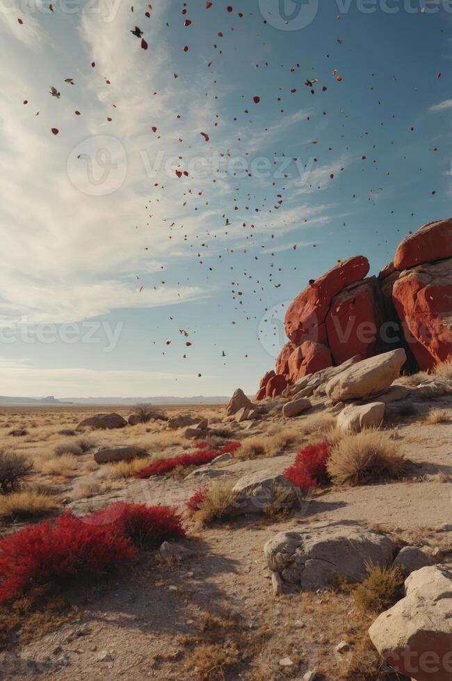 A serene desert landscape with vibrant red plants and floating objects in the sky. photo