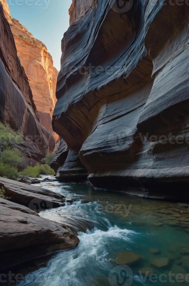 A serene canyon landscape with flowing water and towering rock formations. photo