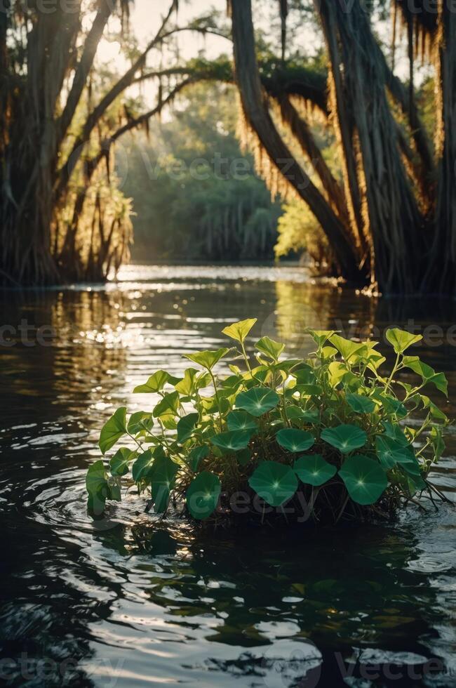 A serene water scene featuring lush greenery and tranquil reflections. photo