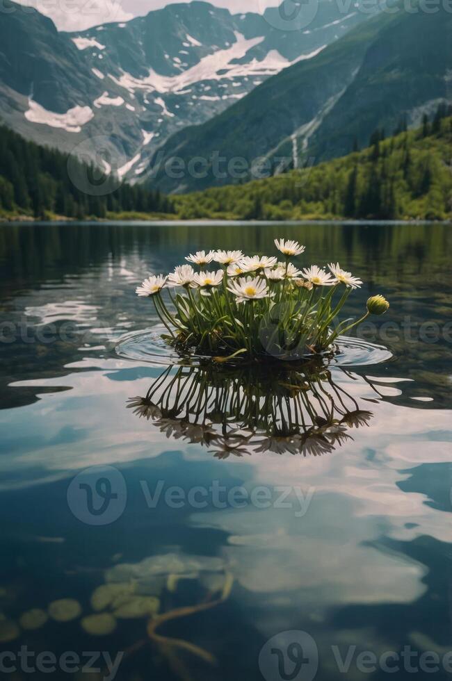 A serene lake scene featuring a cluster of daisies on the water, surrounded by mountains. photo