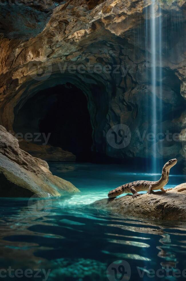 A serene cave scene with a lizard basking in light over tranquil water. photo