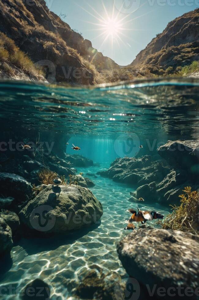 A serene underwater scene with sunlight filtering through clear water, revealing rocks and fish. photo