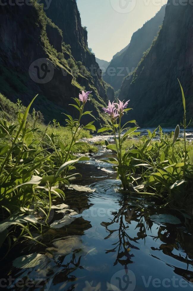 A serene landscape featuring flowers by a stream in a mountainous valley. photo