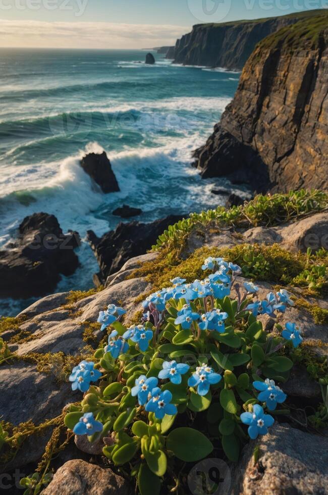 A scenic coastal view featuring blue flowers and rugged cliffs by the ocean. photo