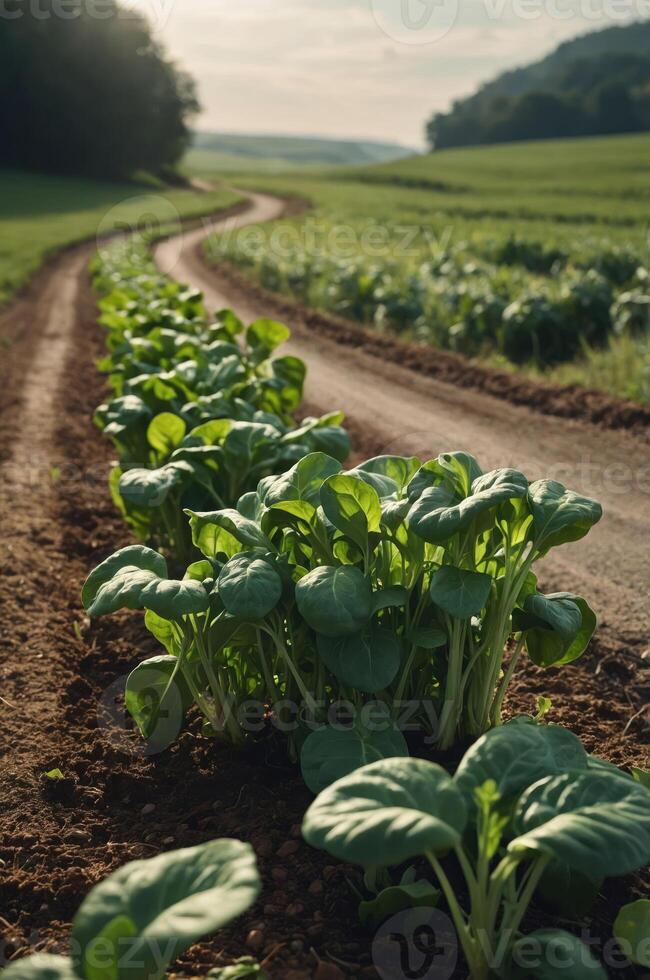 A winding dirt path beside lush green plants in a rural landscape. photo