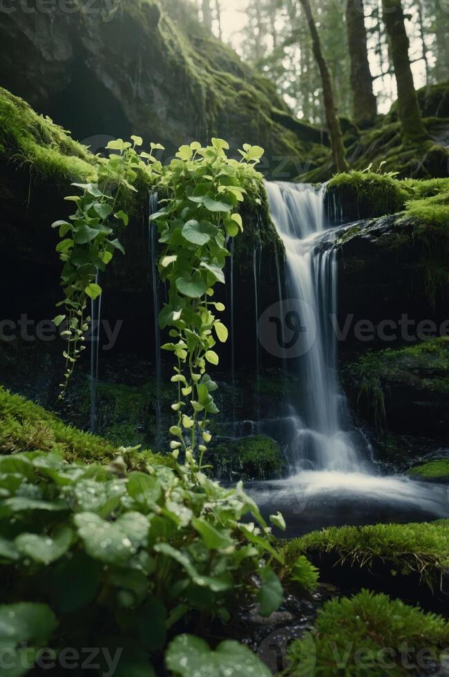 A serene waterfall surrounded by lush greenery and moss, creating a tranquil nature scene. photo