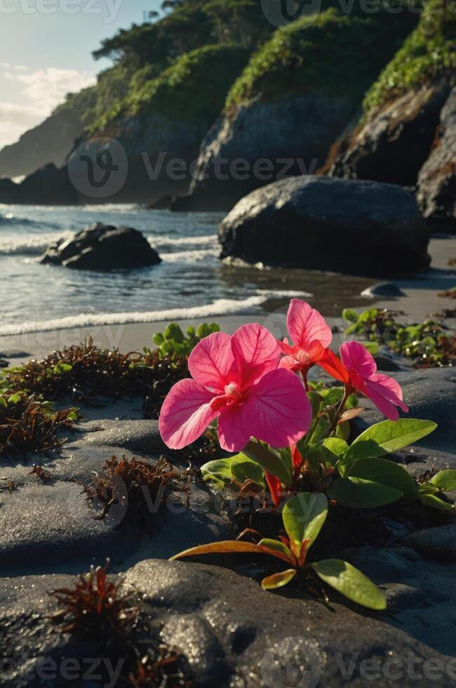 A vibrant pink flower blooms near the rocky shoreline, showcasing nature's beauty. photo