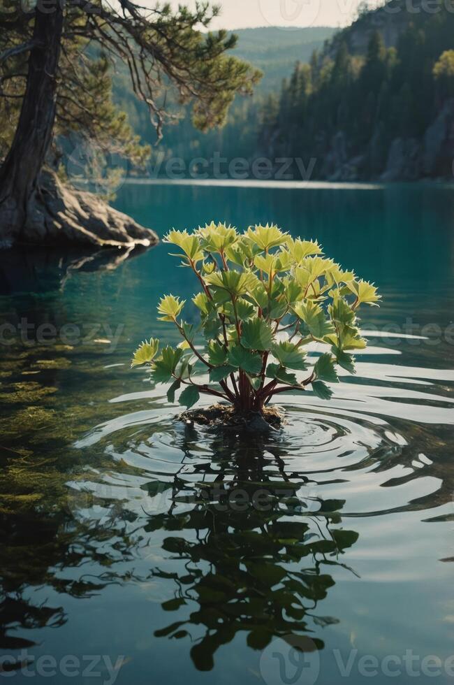 A small plant emerges from calm waters, surrounded by lush greenery and rocky shores. photo