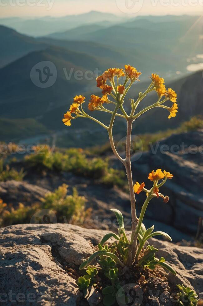 A vibrant yellow flower blooms on a rocky mountain landscape during golden hour. photo
