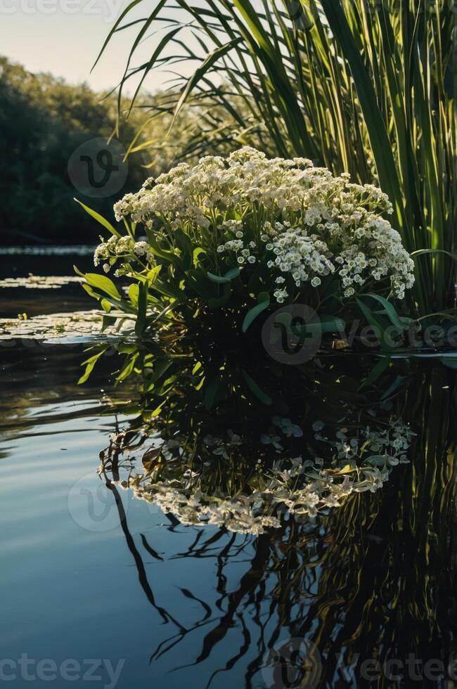 A serene water scene featuring white flowers and lush greenery reflected in calm water. photo