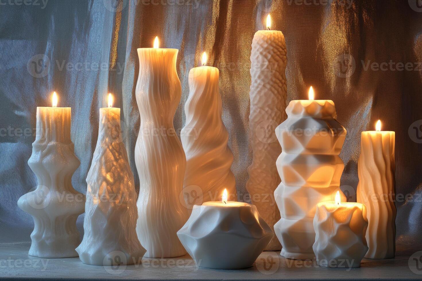 A Row of White Candles with Unique Shapes and Textures photo