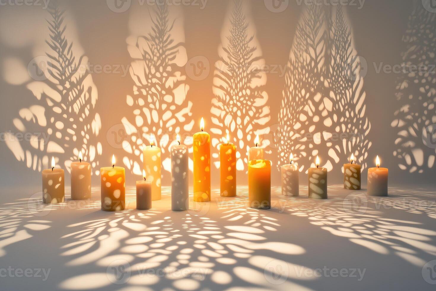 Lit Candles Casting Leaf-Shaped Shadows on a White Surface photo