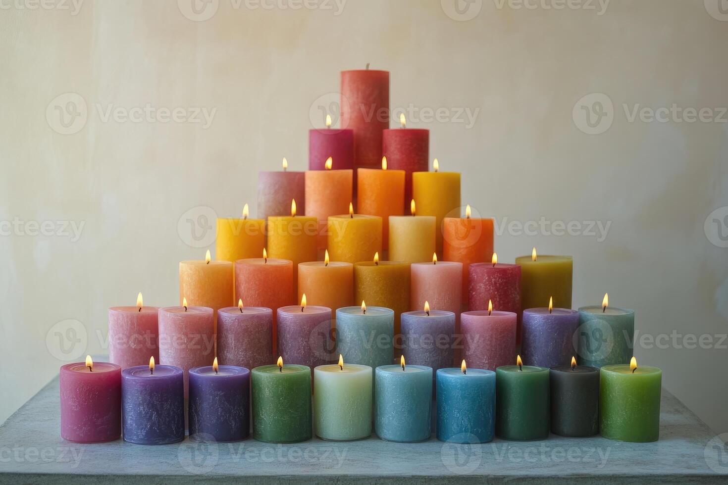 A Triangular Formation of Colorful Burning Candles photo
