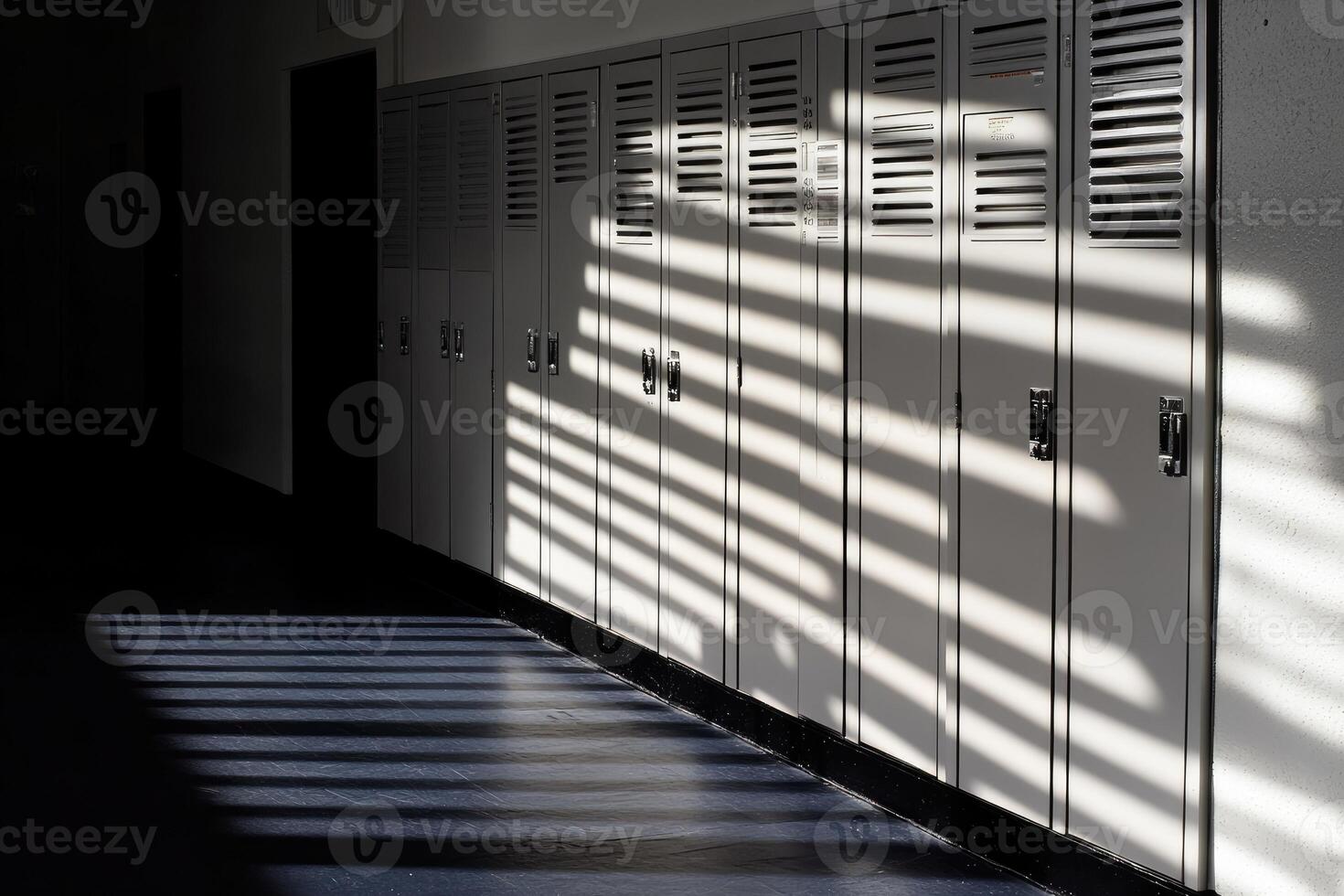 White Lockers with Horizontal Slats and Sunlight Casting Stripes on the Floor photo