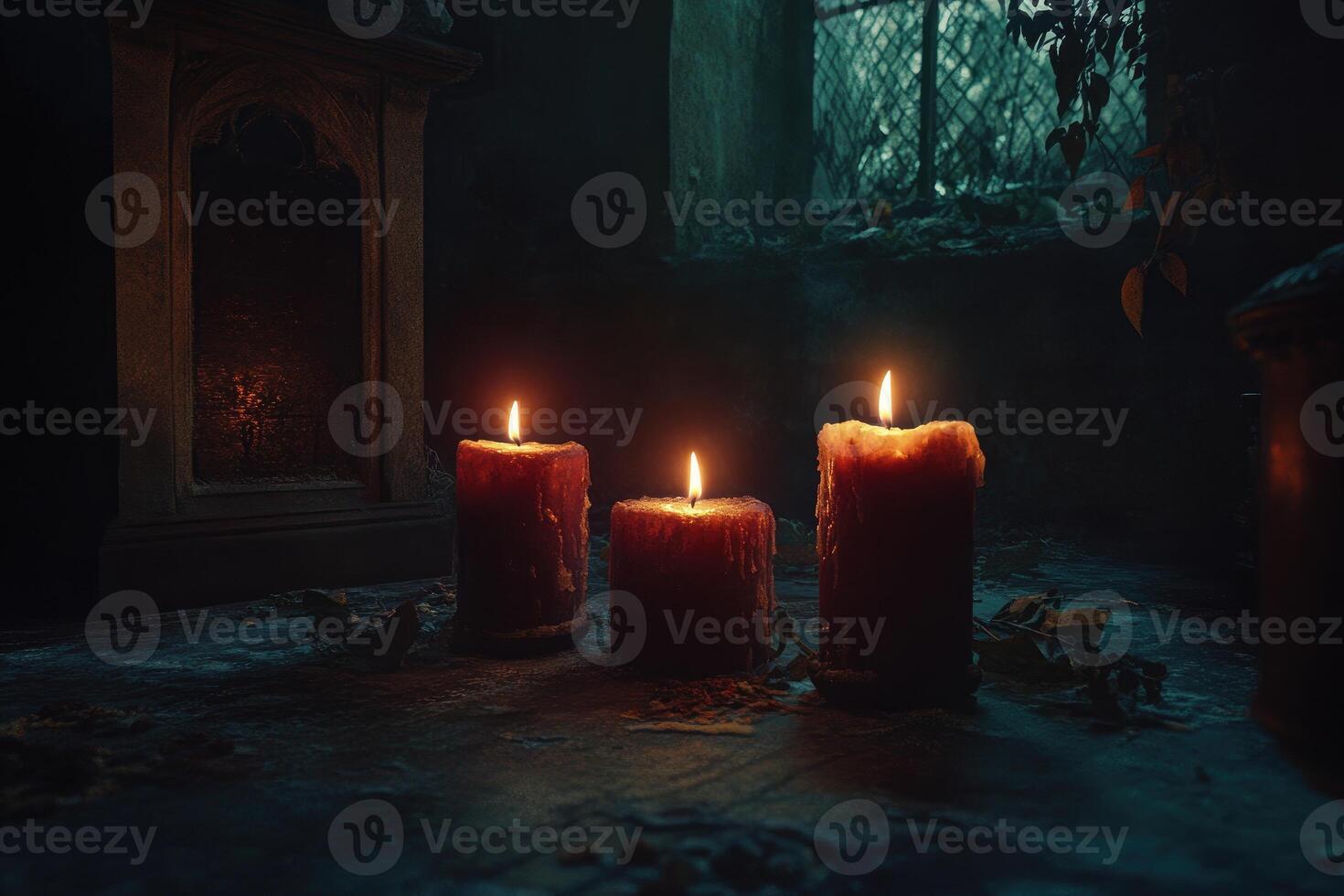 Three Burning Candles in a Dark and Eerie Setting photo