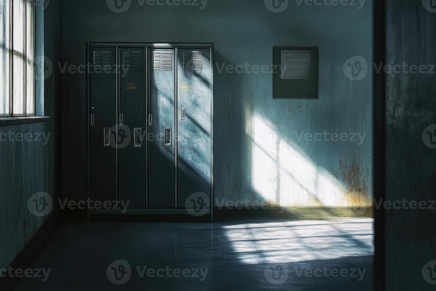 A single beam of light illuminates a row of lockers in a dim hallway. photo
