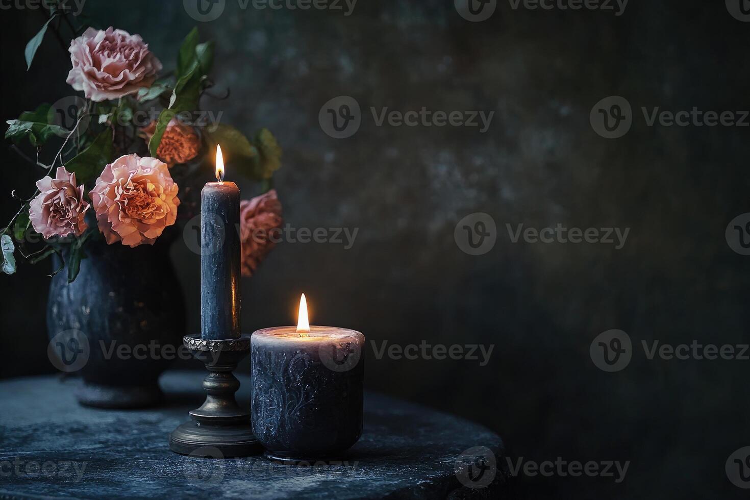 Two Burning Candles with Pink Roses in a Vase on a Dark Table photo
