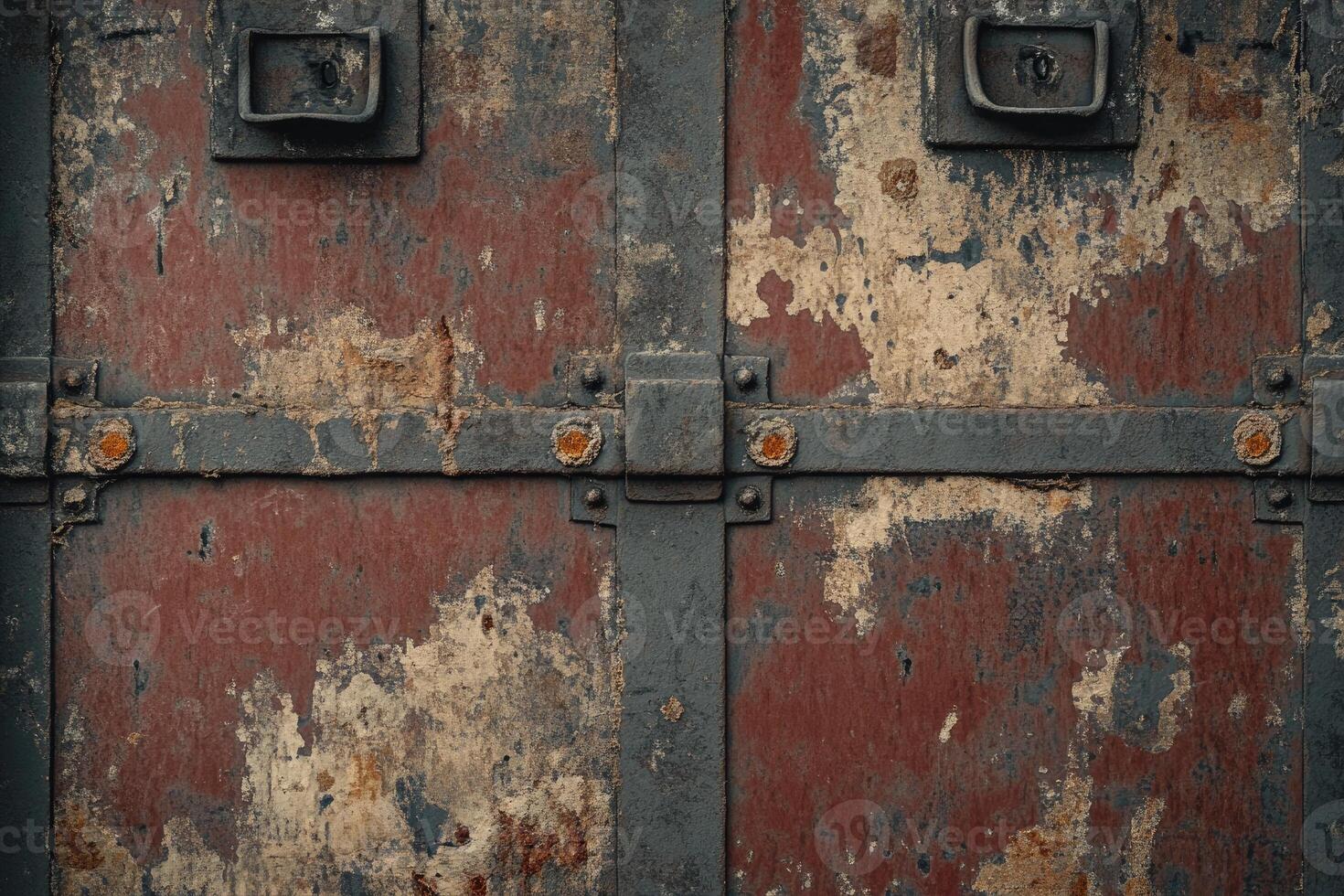 Close-up of Rusted Metal Door with Peeling Paint and Hinges photo