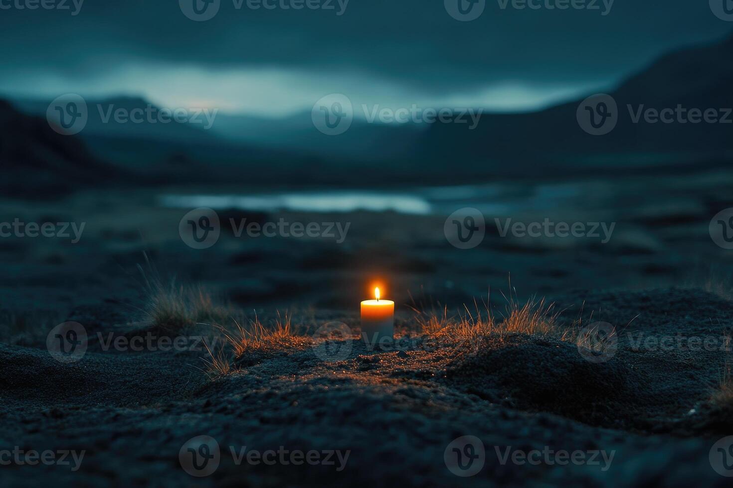 A Single Candle Illuminates a Dark Landscape photo