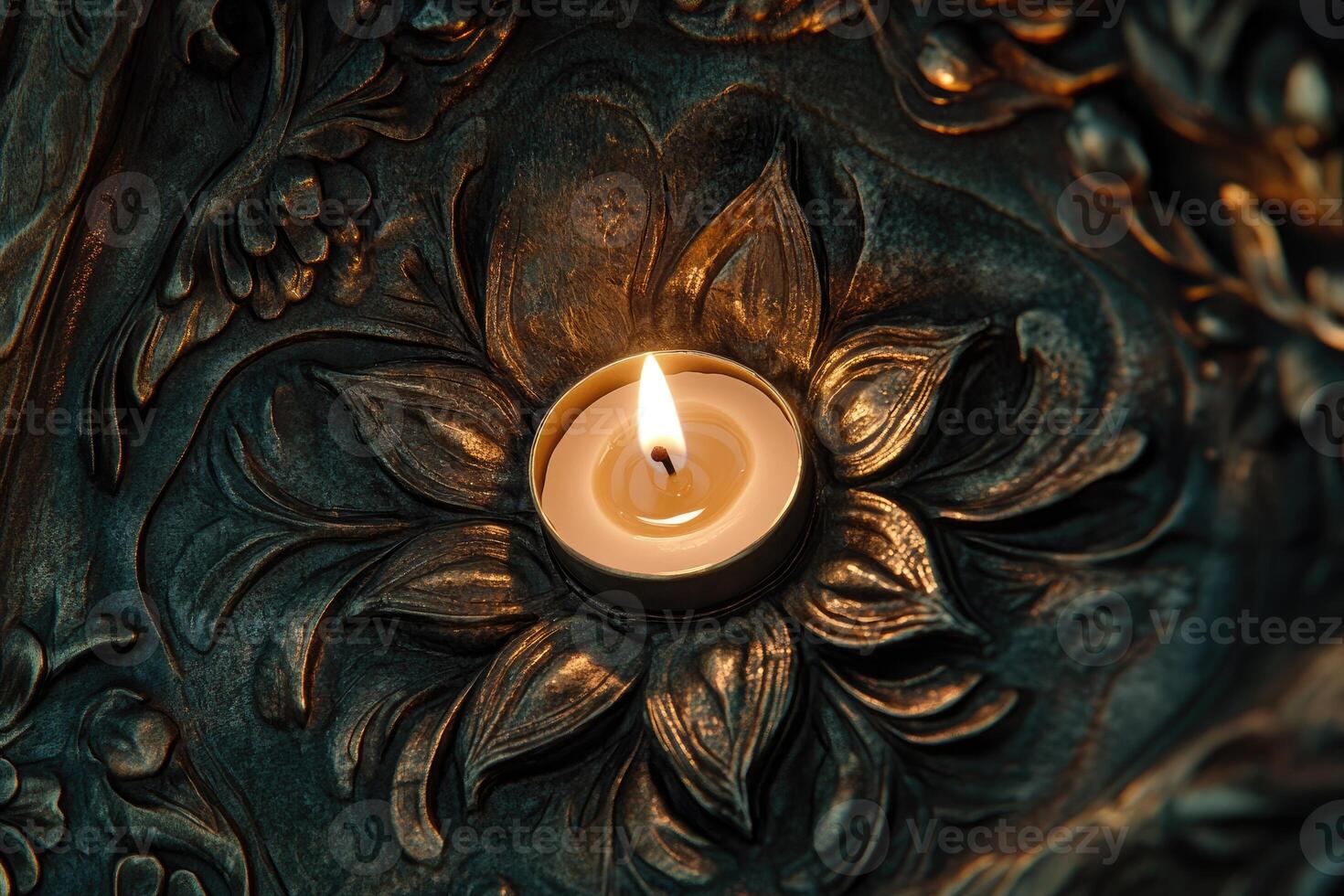 A Lit Candle in a Flower-Shaped Ornate Holder photo