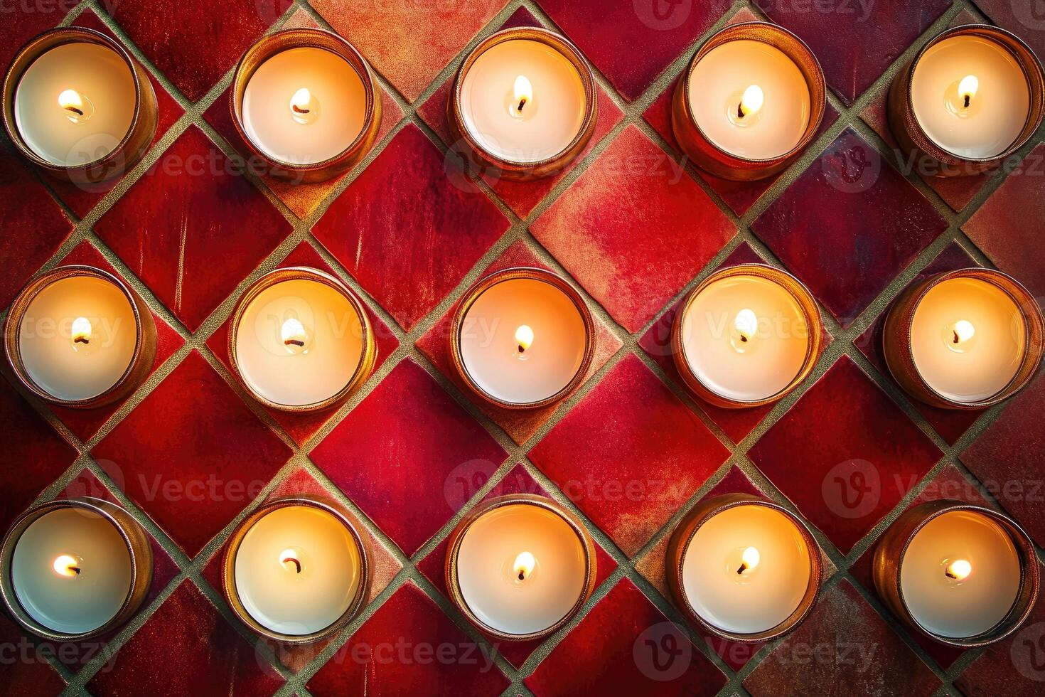 Candles Burning in Golden Containers on a Red Tile Background photo
