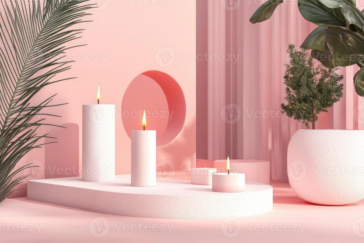 Three White Candles Burning on Pink Geometric Platforms with Palm and Fiddle Leaf Plants photo