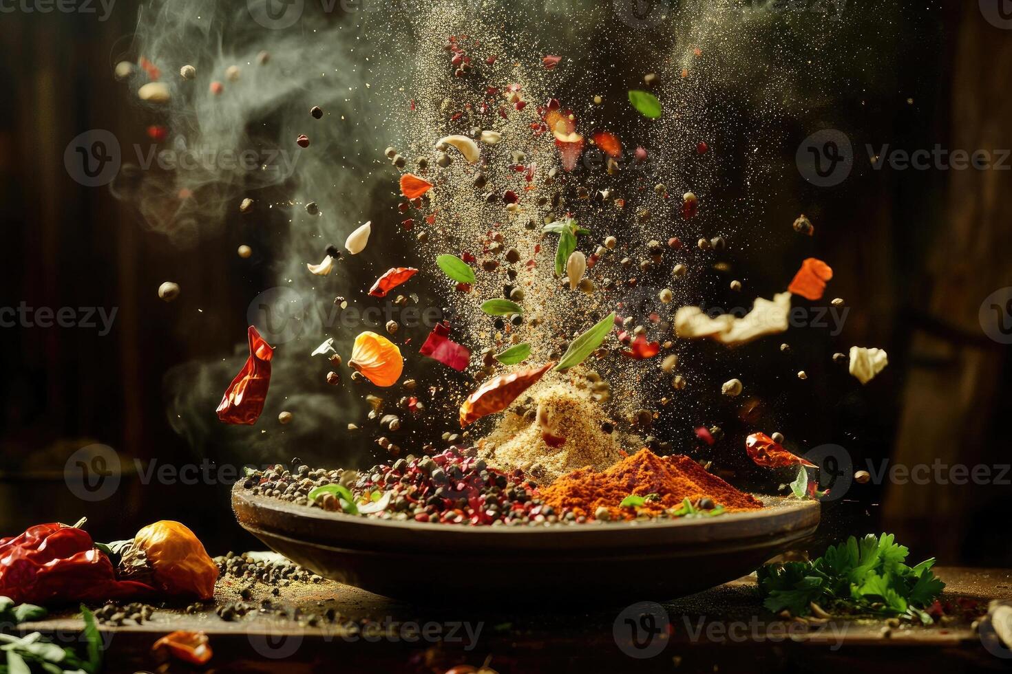 A Bowl of Spices and Herbs with Smoke and Particles photo