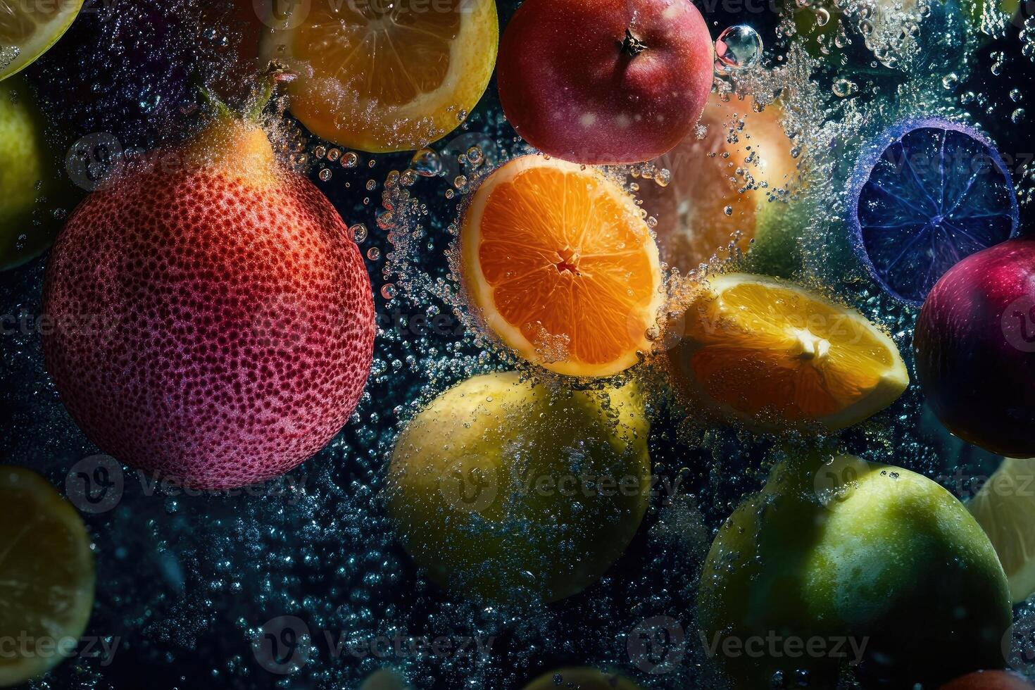 A Close-Up of Various Fruits Submerged in Water with Bubbles photo