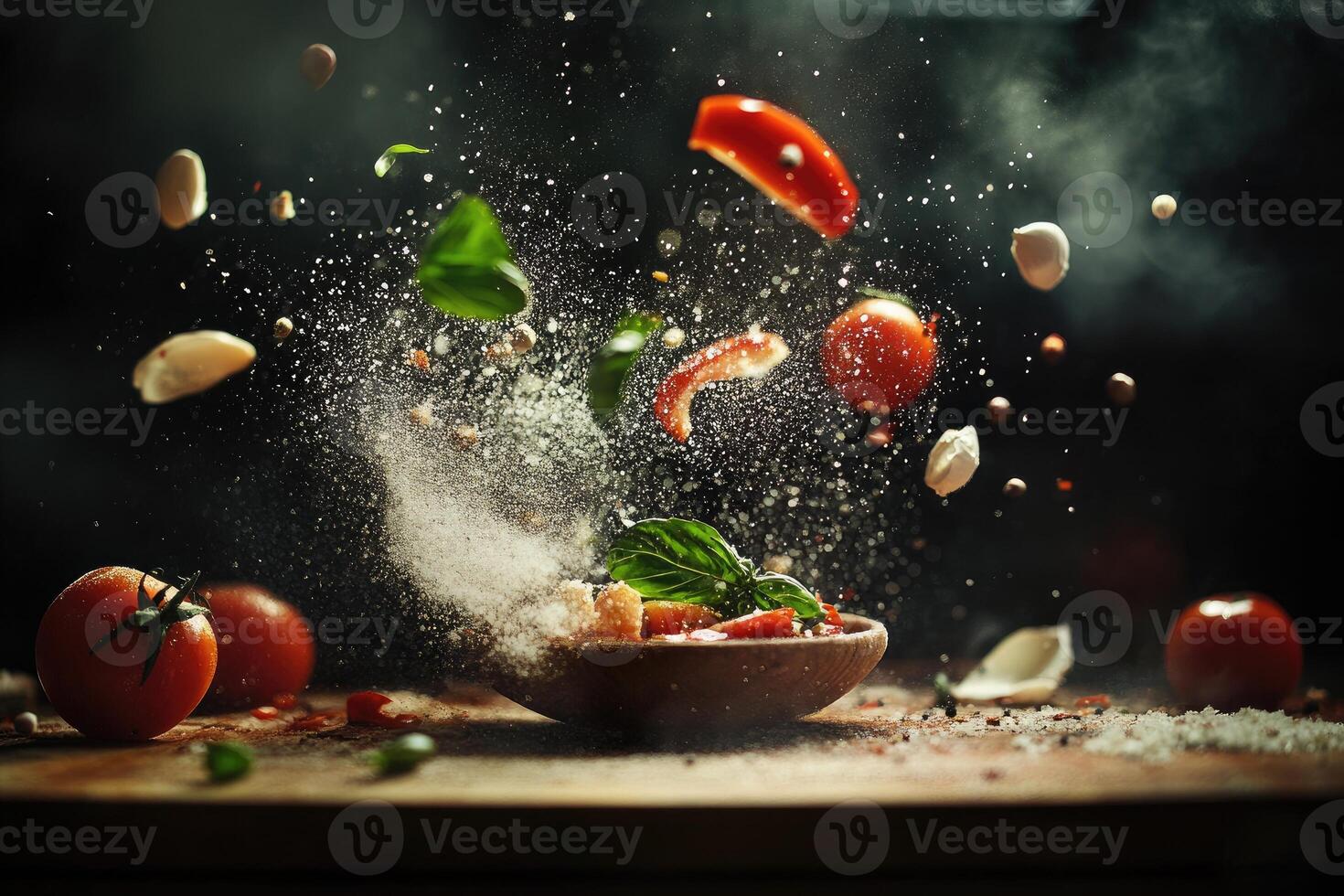 A Wooden Bowl Filled with Tomatoes, Basil, and Other Ingredients with a Burst of Flavor Surrounding It photo