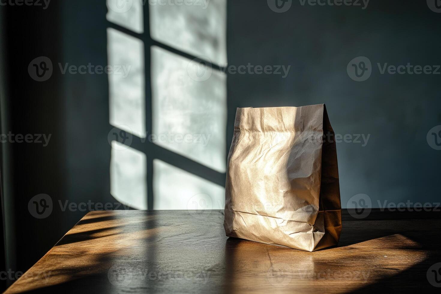 A Brown Paper Bag In Front Of A Window With Sunlight Shining On It photo